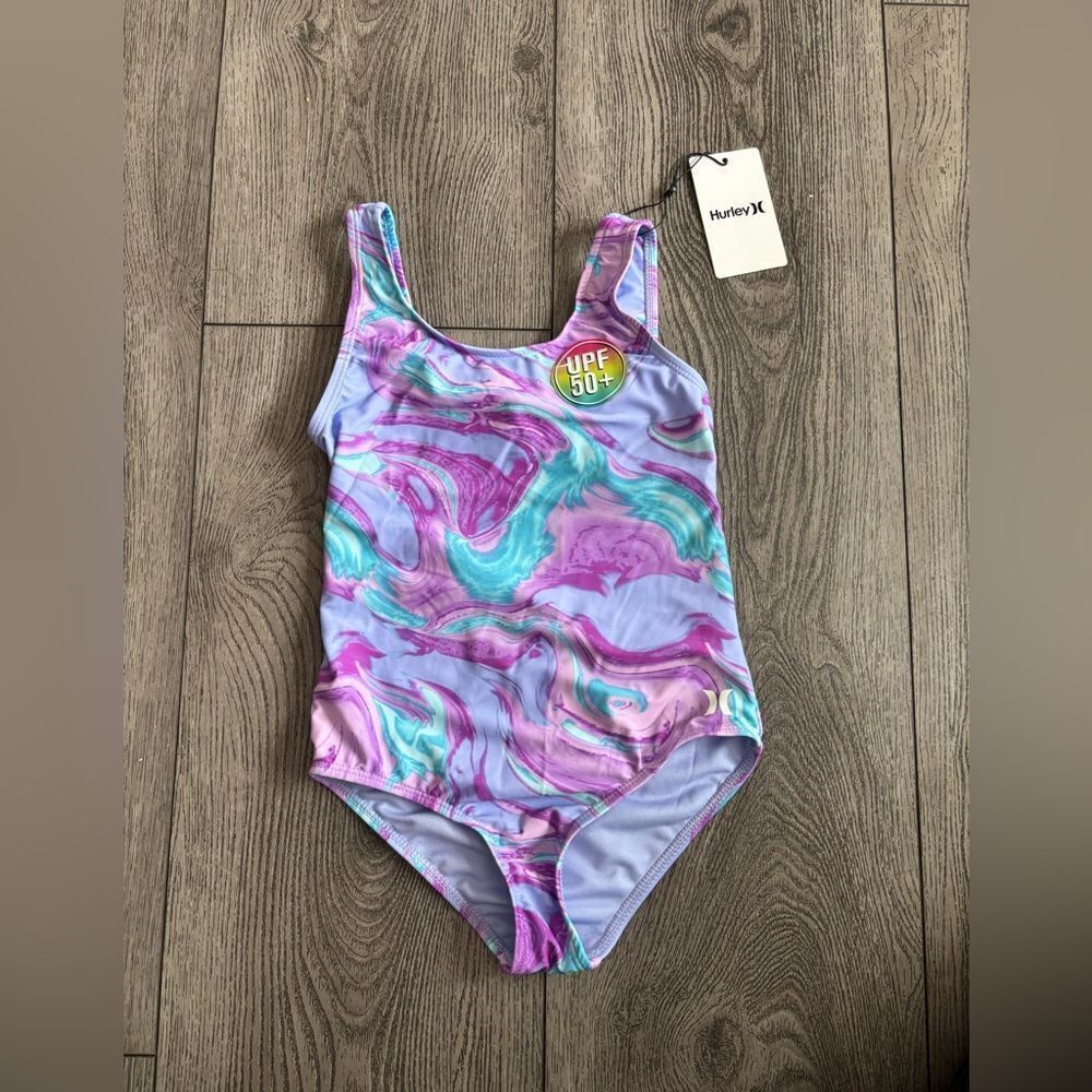 Hurley One Piece Swimsuit Purple and Blue Artistic Design